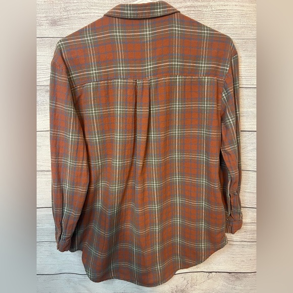 Love Notes Plaid Button Front Shirt Women’s Medium Brown Gray Blue – 100% Cotton - Picture 2 of 5